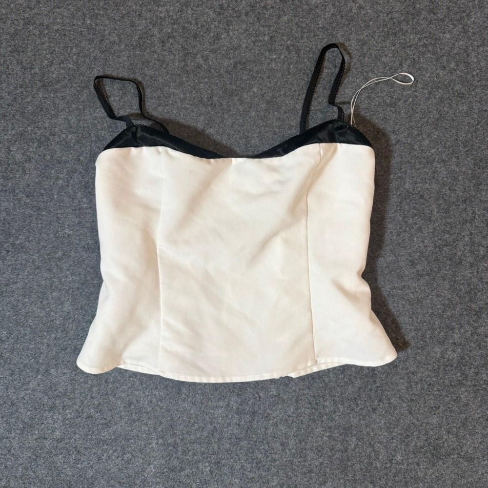 Reformation Melanie Top Ivory Black Silk Trim Smocked Back Camisole Size 12 Lux - Picture 4 of 11